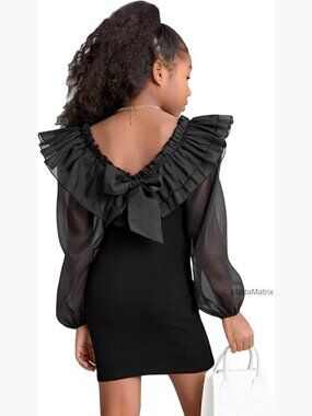 Girl's Mesh Ruffle Trim Layered Tie Back Lantern Sleeve Pencil Mini Dress